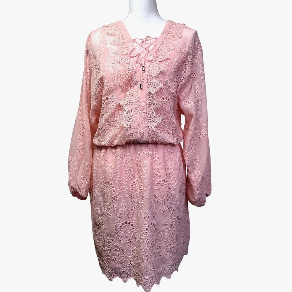 White House Black Market  Pink Eyelet Lace Dress V Neck Smocked Waist Mini Small - Picture 2 of 12